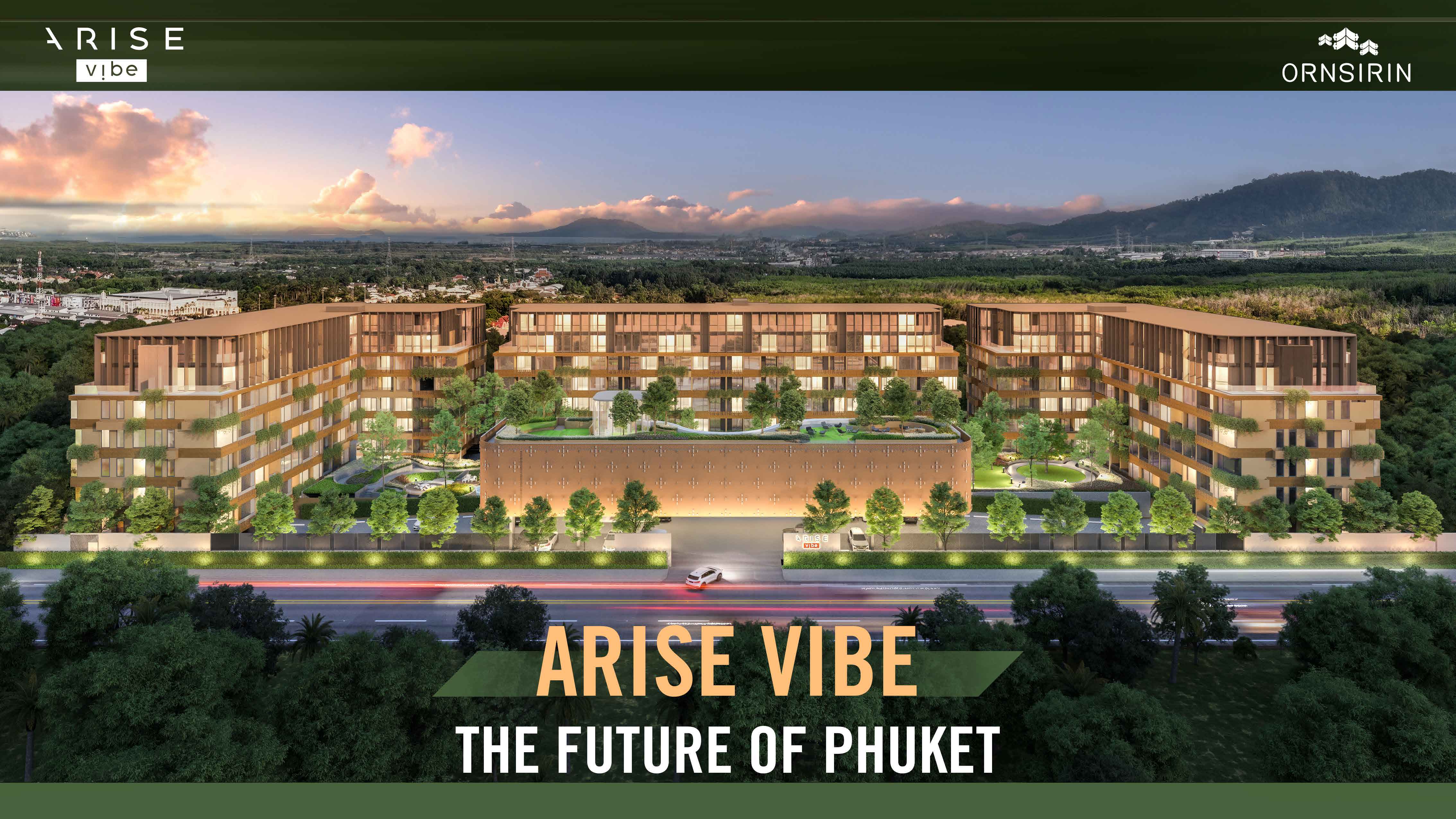 Arise Vibe Phuket — architectural rendering of the central courtyard at dusk